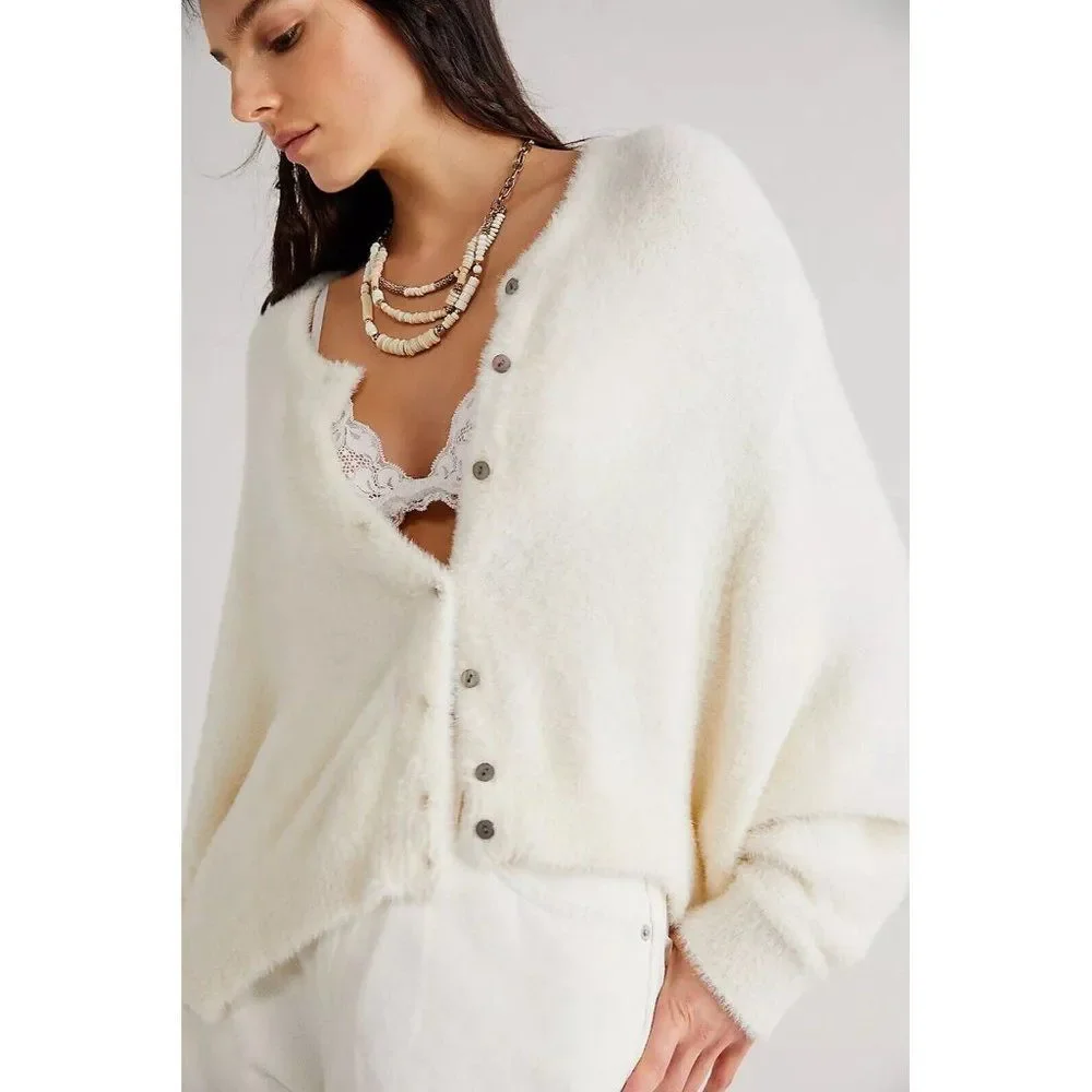 NEW FREE PEOPLE FP ONE WYATT CARDI SOFT FUZZY BUTTON FRONT CARDIGAN IVORY